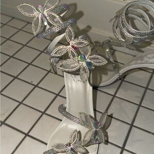 Elegant Silver Strappy Heels with Rhinestone Flowers